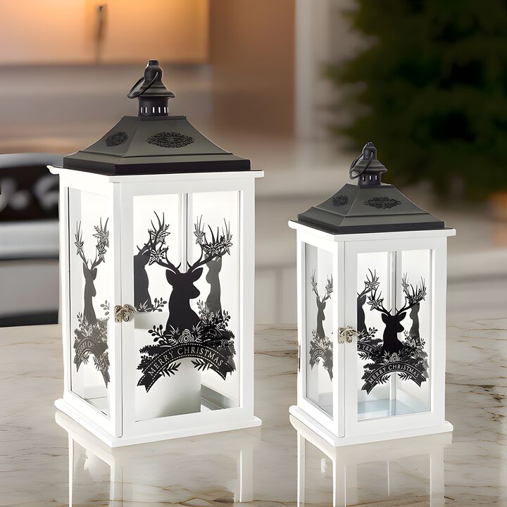 Set of 2 Wood Merry Christmas Lanterns for Seasonal Home Accents