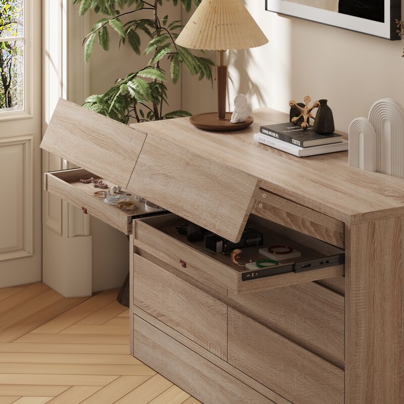 FUFU&GAGA 6-Drawer Dresser with Dark Pull-Out Drawers, MDF Woodgrain Finish, and Bottom Kick Drawer (55.1"W x 23.6"D x 33.5"H), Brown