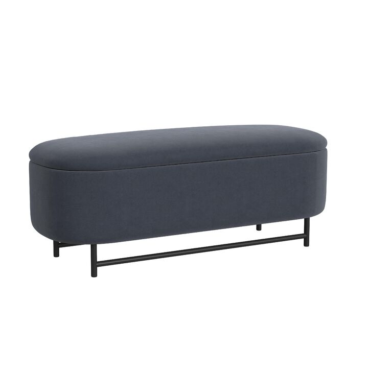 Pat Storage Bench Ottoman, Steel Blue Velvet, Black Metal, 46 Inch