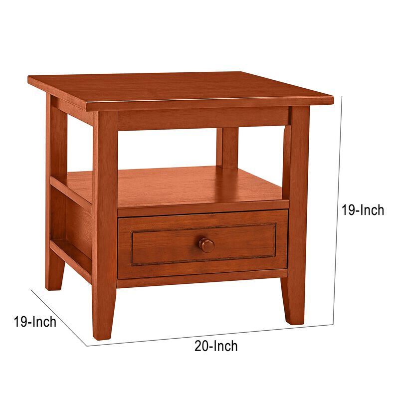 20 Inch Handcrafted Rubberwood Side End Table, 1 Shelf, Rectangular, Honey Brown-Benzara