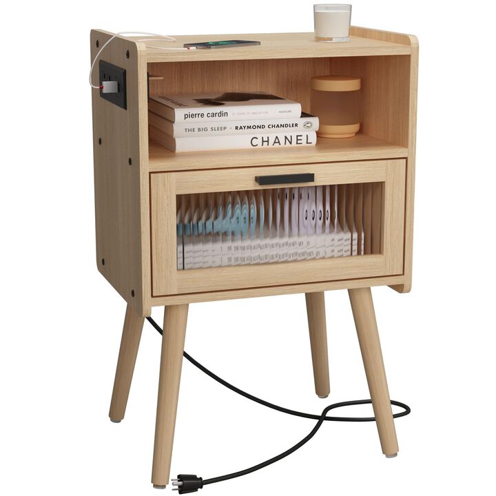SOOWERY Mid Century Modern Nightstand with Charging Station, Bedside Tables with Glass Drawer, End Table Side Table with 2 Tiers