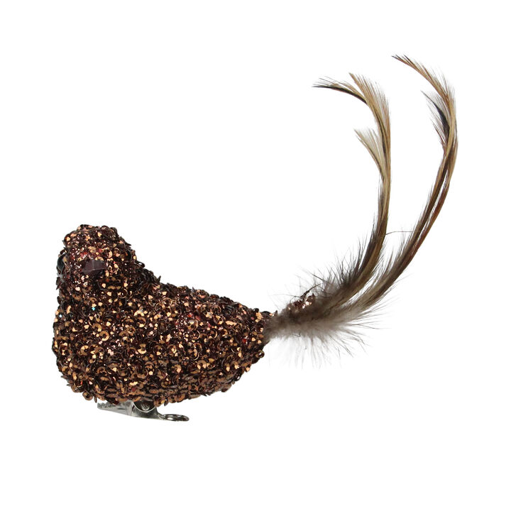 6.5" Bronze Sequined Bird with Feather Tail Christmas Ornament with Clip