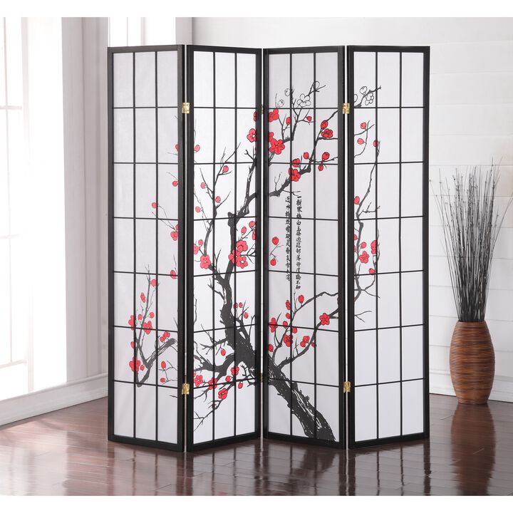 Streamdale Black Japanese 4-Panel Screen Room Divider, Plum Blossom