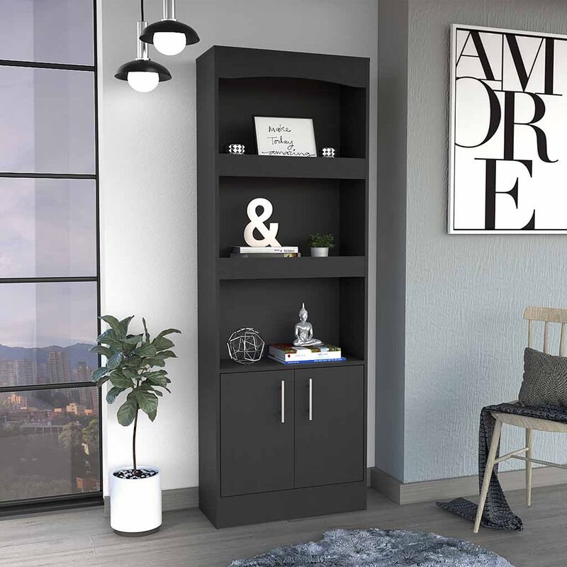 DEPOT E-SHOP Dozza Bookcase, Three Shelves, Double Door Cabinet, Metal Hardware, Black