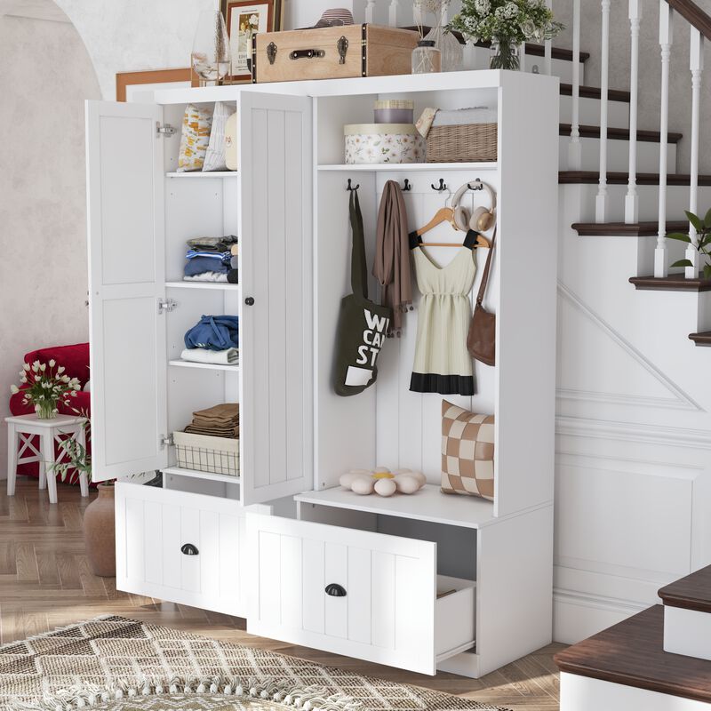 FUFU&GAGA White Hybrid Storage Wardrobe with Concealed Cabinet & Open Hanging, Dual Doors, Drawers, Shelf & Hooks (55.3" W x 17.7" D x 70.9" H)