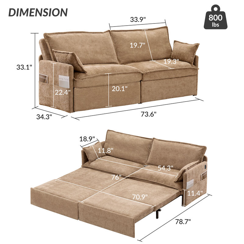 Whisen 73.6" Pull Out Sofa Bed, Convertible Sleeper Sofa Couch with Side Storage and USB/C-TYPE Charging image number 9