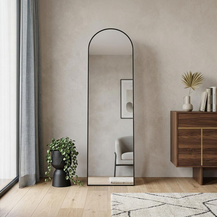 HomeRoots 64" Black Aluminum Arch Freestanding And Wall Mounted Framed Full Length Mirror