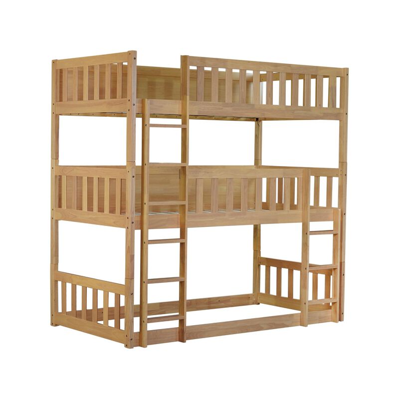 Whisen Triple Twin Size Rubber Wood Detachable Bunk Bed with Ladders and Guardrails