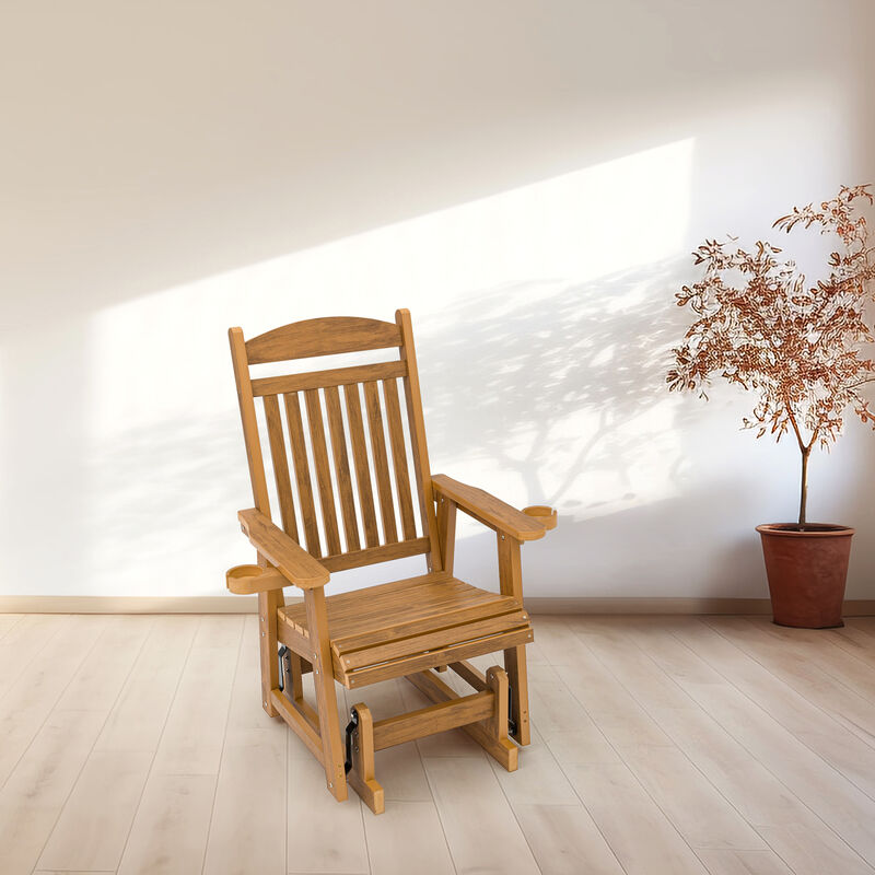 Poly Lumber Patio Glider for One Person, Ergonomic Deep Seat and High Backrest, with Removable Cup Holders, Wood-Like Pattern, Heavy Duty 700 LBS, for Outdoor Patio Garden Yard (Teak)