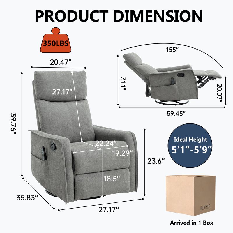 Manual Recliner Chair with Heat and Massage, Rocker and Swivel Chair in Fabric for Living Room image number 2