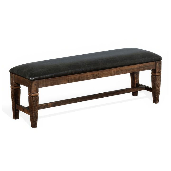 Flint Bench, Dark Gray Faux Leather, Dark Brown Mahogany, 56 Inch - Benzara