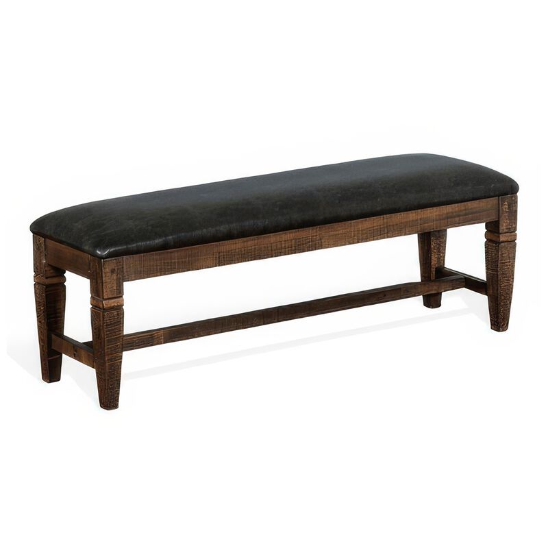 Flint Bench, Dark Gray Faux Leather, Dark Brown Mahogany, 56 Inch - Benzara
