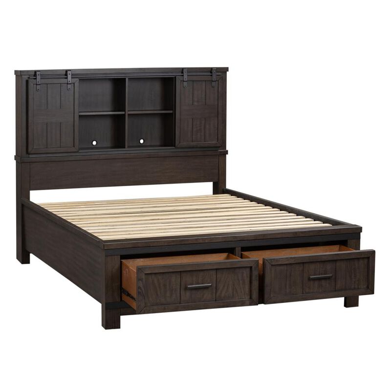 Liberty Furniture Thornwood Hills Queen Bookcase Bed in Rock Beaten Brown w/ Saw Cuts image number 1