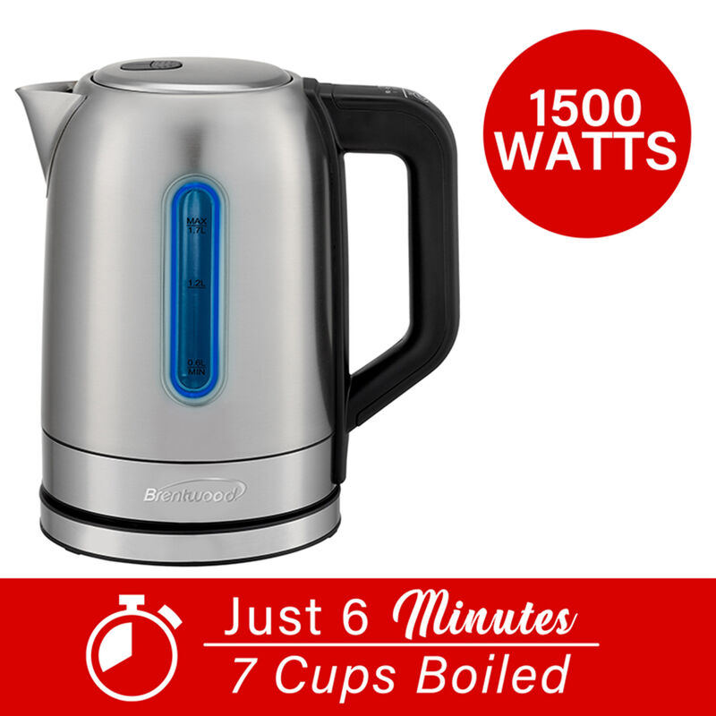 Brentwood 1500 Watt Stainless Steel 1.7 Liter Electric Kettle with 5 Temperature Presets in Silver