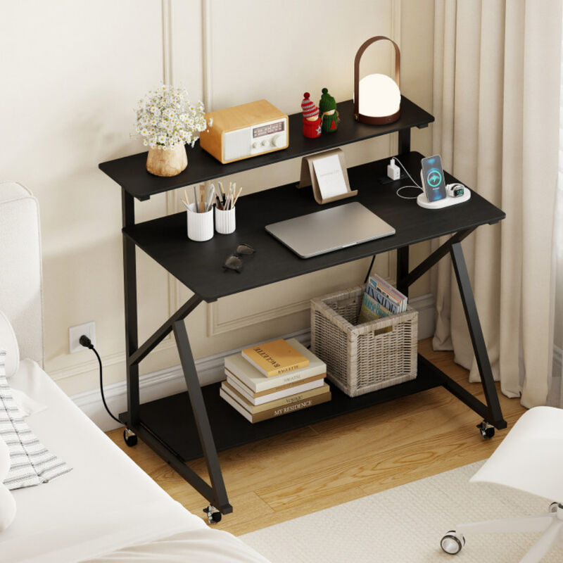 Rolling Computer Desk with Power Outlets, Monitor Shelf and Storage for Office And Home Use image number 4