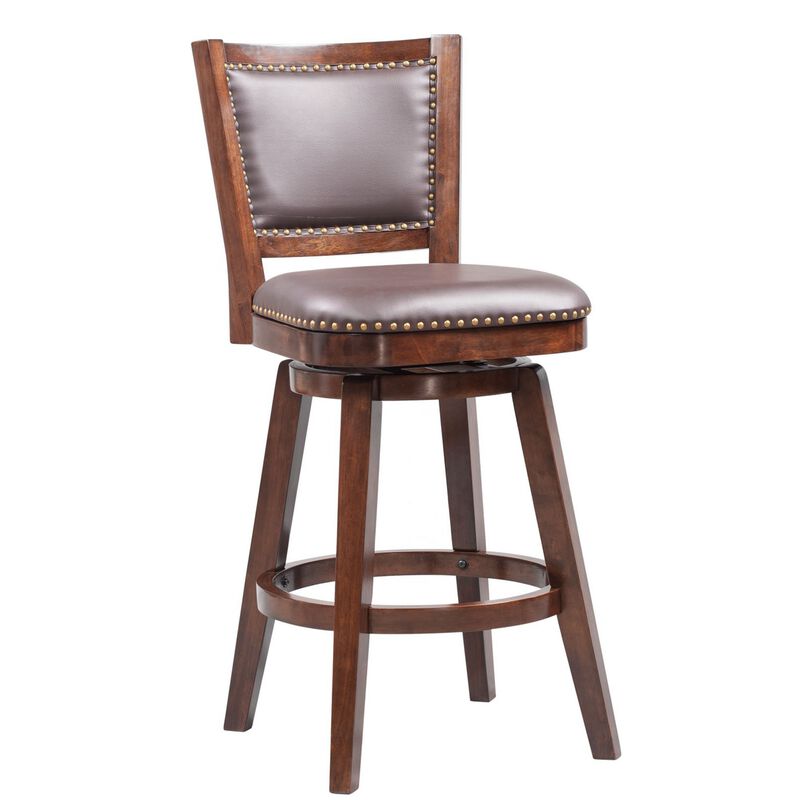 Swivel Bar Stool with Leatherette Padded Back and Nailhead Trim, Brown-Benzara image number 2