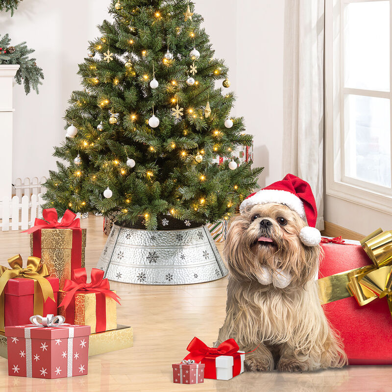 Christmas Tree Collar Steel Tree Ring Skirt w/ Snowflake Print, 26" Base, Silver