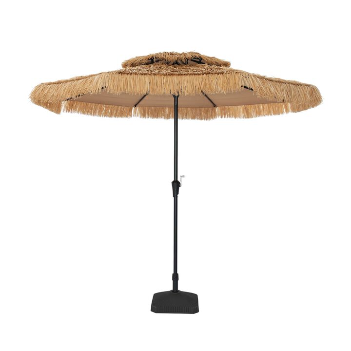 Mondawe 10 ft Hawaiian Style Crank Design 2 Tier Straw Patio Umbrella Shade with Square Based