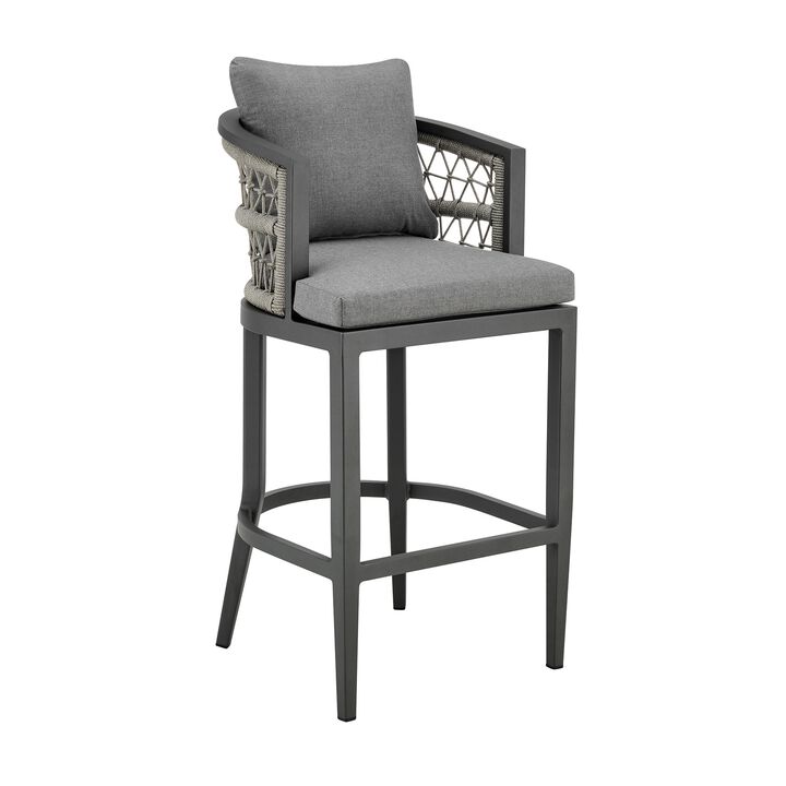 Hosa 26 Inch Outdoor Patio Counter Stool Chair, Gray Aluminum, Woven Rope - Benzara