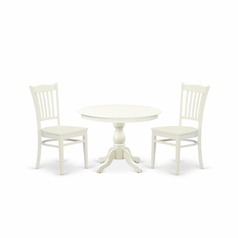 East West Furniture HBGR3-LWH-W 3 Piece Table Set - Linen White Round Dining Table and 2 Linen White Kitchen Chairs with Slatted Back - Linen White Finish