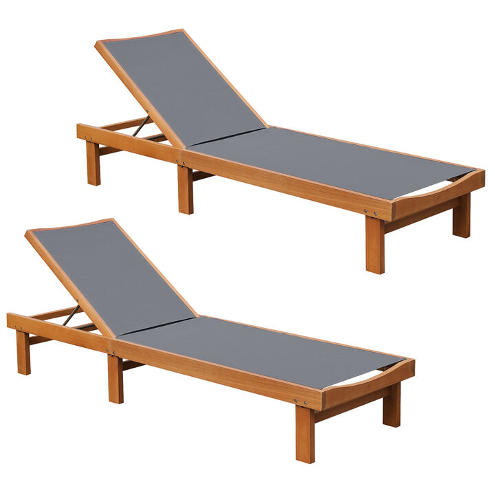 Set of 2 Outdoor Wood Chaise Lounge Chairs 5-Position Backrest