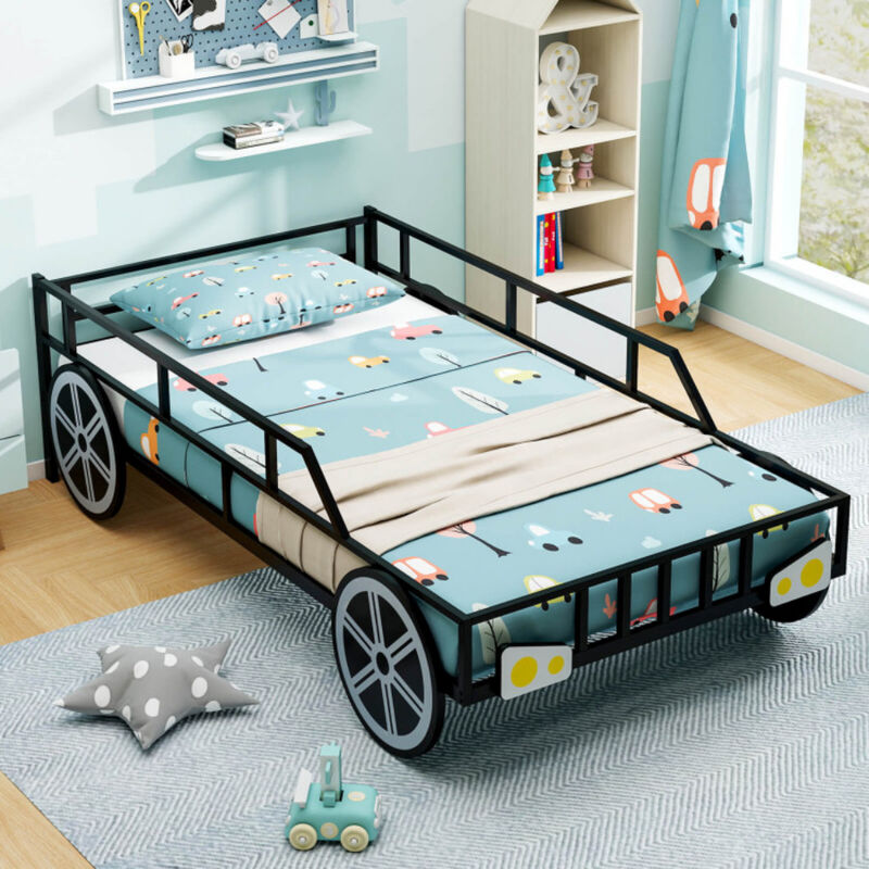Car-Shaped Metal Bed Frame with Safety Guardrails, Fun Kids' Bed for Bedroom