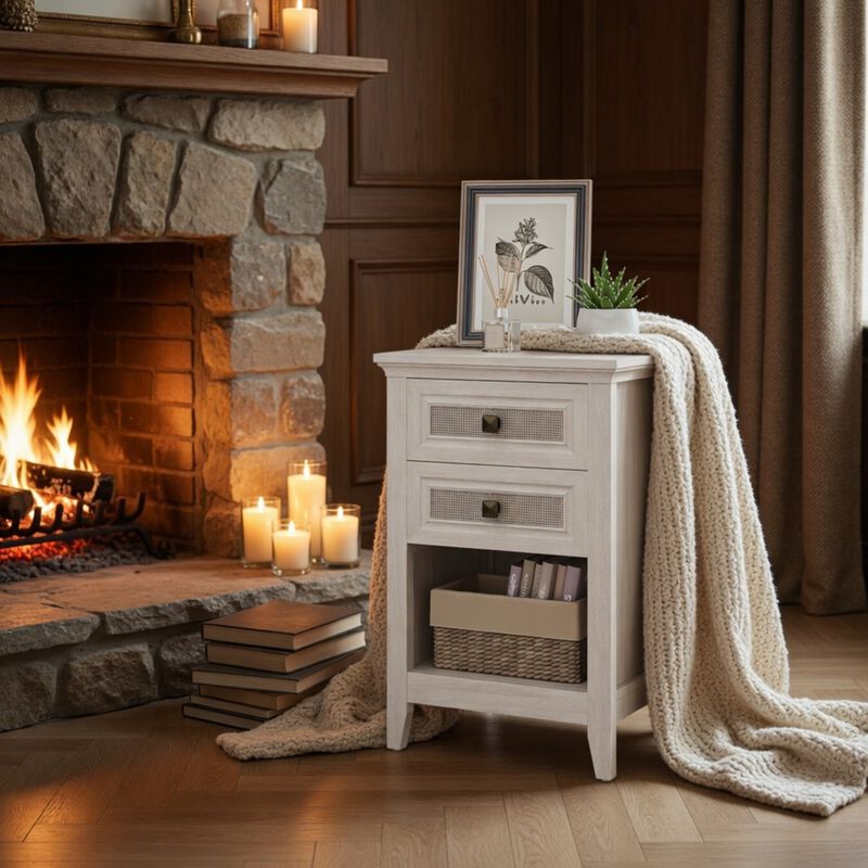 17.7" Assembled Rattan Nightstand 2-Drawer Shelf Boho image number 3