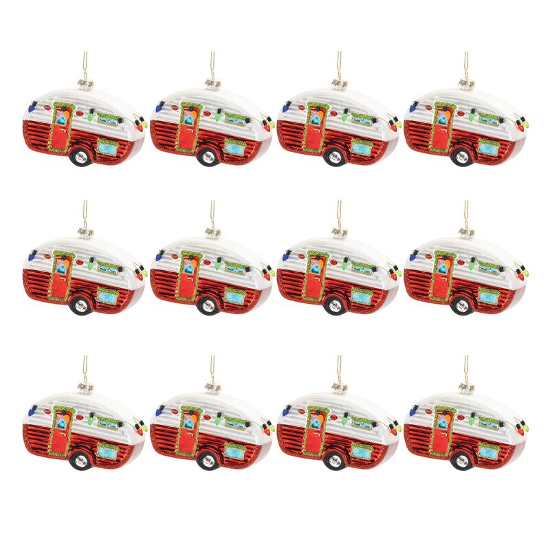 Retro Glass Camper Ornaments with Glitter (Set of 12) &ndash; Vintage Christmas Decor for Tree, Garland, or Gift Accent