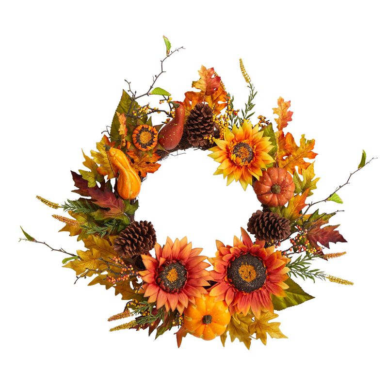 Nearly Natural 24-in Fall Sunflower, Pumpkin, Gourds, Pinecone and Berries Autumn Artificial Wreath