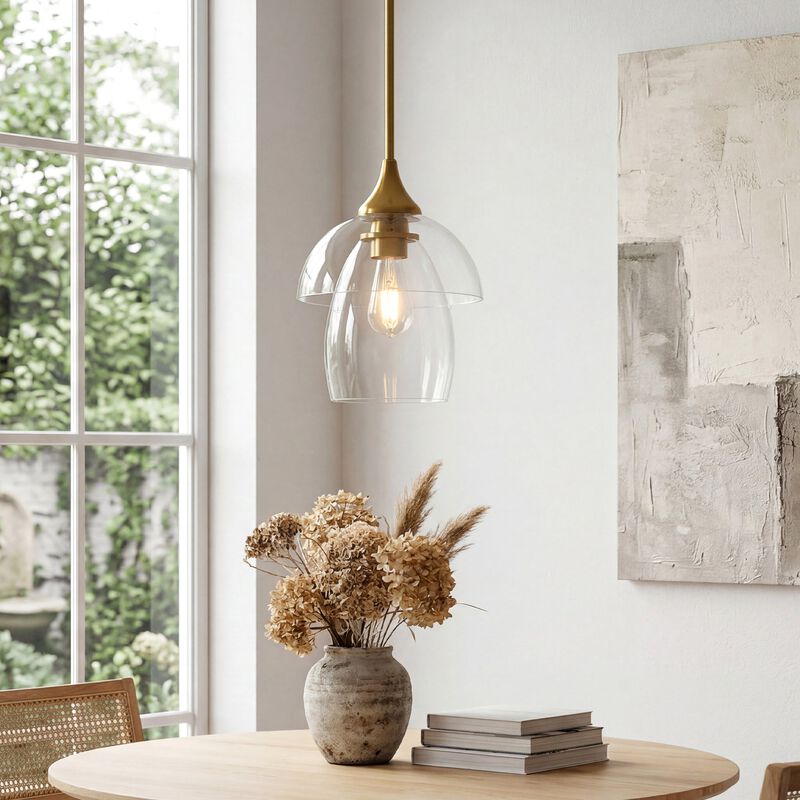 Gold Pendant Light with Tiered Clear Glass Shade, Adjustable Height image number 3