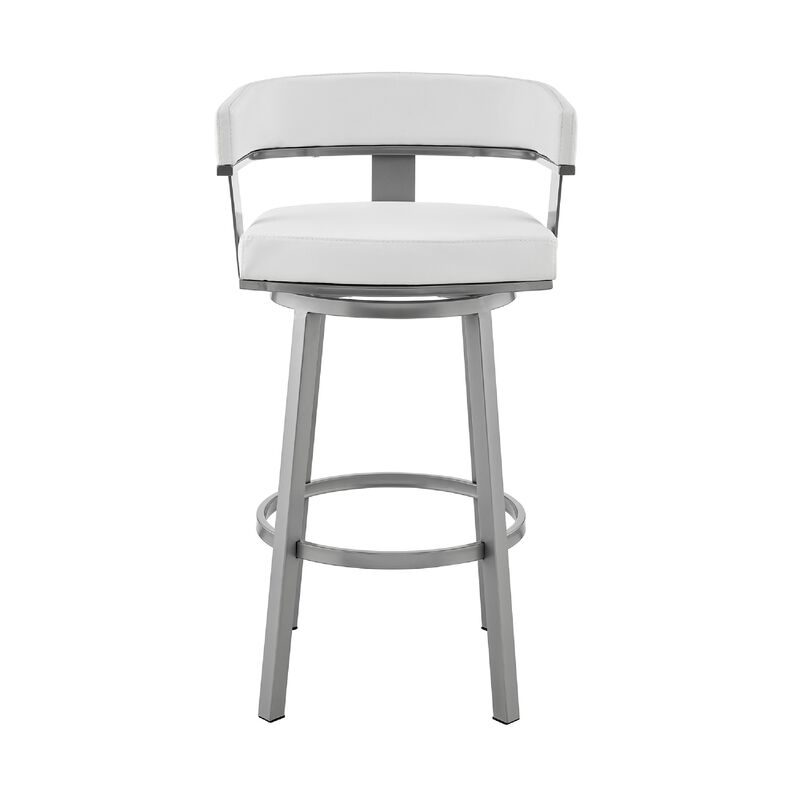 Swivel Counter Barstool with Curved Open Back and Metal Legs, Silver and White-Benzara image number 2