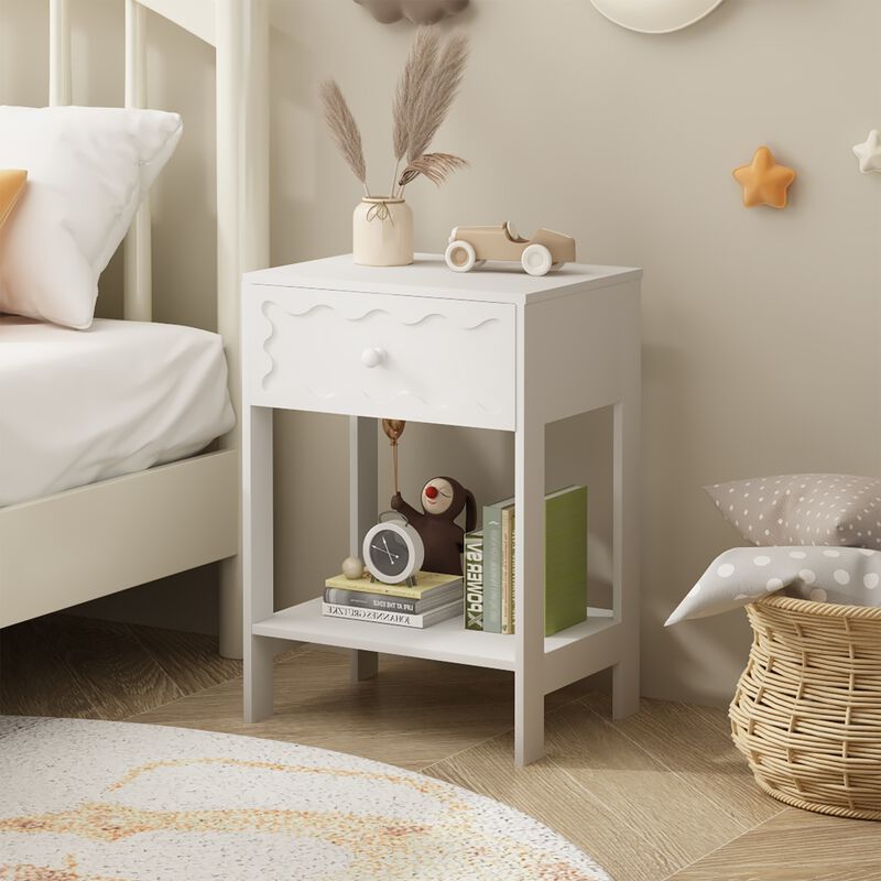 Assembled White Nightstand 1-Drawer 1-Shelf Wave Pattern image number 1