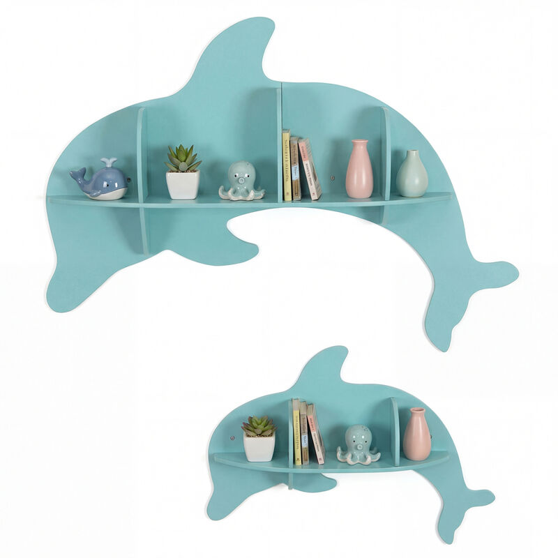 Set of 2 Wall Mounted Dolphin Shelves for Kids Room Decor and Storage-Blue image number 3