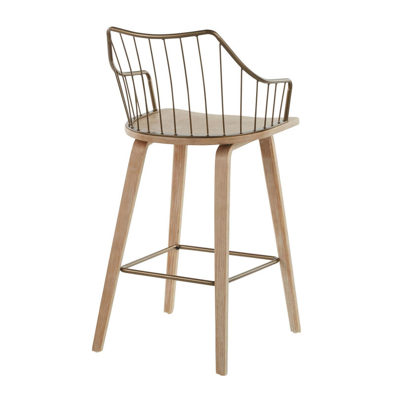 Lumisource Winston Farmhouse Counter Stool in White Washed Wood and Antique Copper Metal