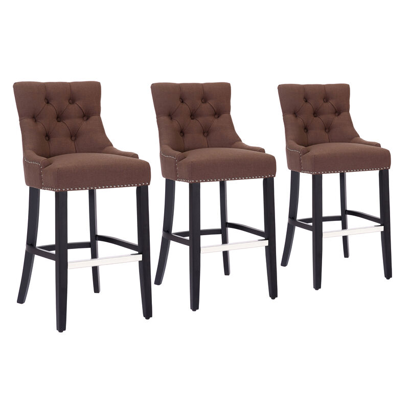 WestinTrends 29" Linen Fabric Tufted Upholstered Bar Stool (Set of 3), Black