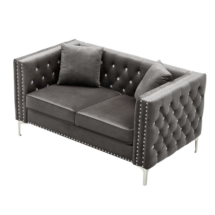 59.4 Inch Wide Grey Velvet Sofa with Jeweled buttons, Square Arm, 2 Pillow