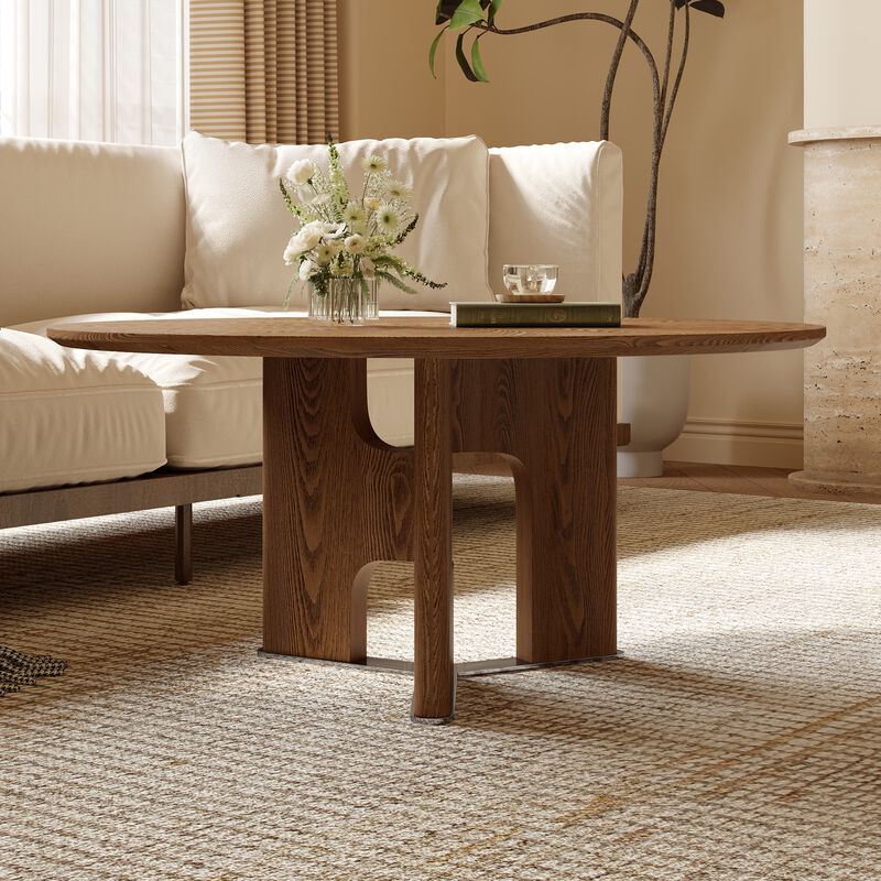 31.5-Inch Rustic Round Coffee Table with Ash Wood Veneer, Modern Wooden Living Room Table image number 5
