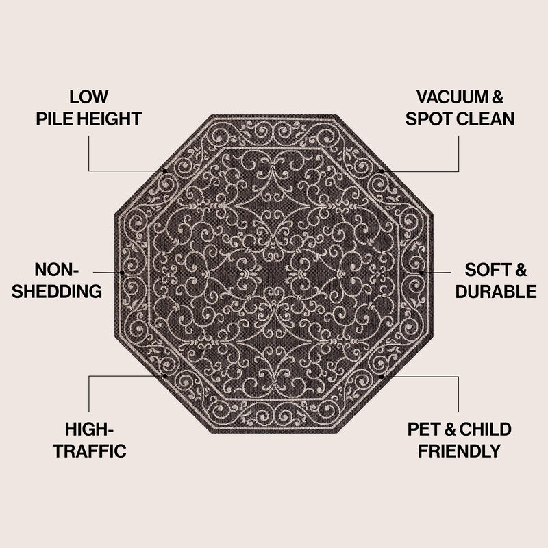 Charleston Vintage Filigree Textured Weave Octagon Indoor/Outdoor Area Rug