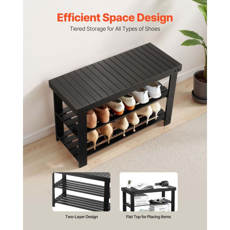 Entryway Shoe Storage Bench 3-Tier Wicker Rack for Hallway, Bedroom, Front Door Use-Black image number 4