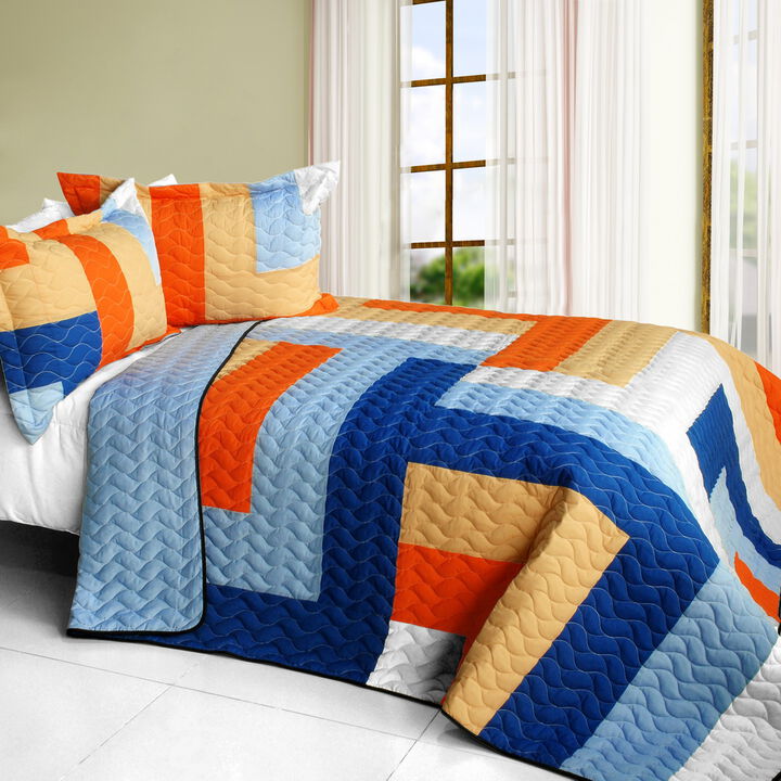 Queen Size 3PC Vermicelli Quilted Patchwork Quilt Set for Bedroom Decor