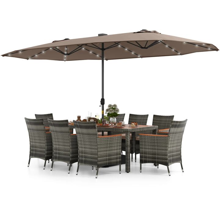 Mondawe 9-Piece Patio Dining Set,71" Acacia Table With 15ft Solar LED Umbrella & PE Rattan Chairs