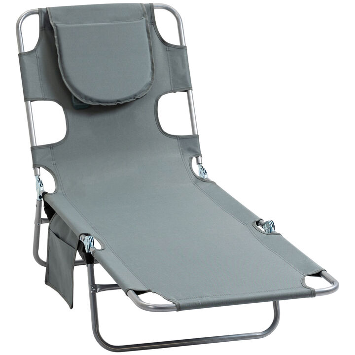 Outsunny Folding Outdoor Lounge Chair with Face Cavity and Arm Slots, 5-level Adjustable Sun Lounger Tanning Chair with Pillow for Patio Garden Beach Pool, Gray