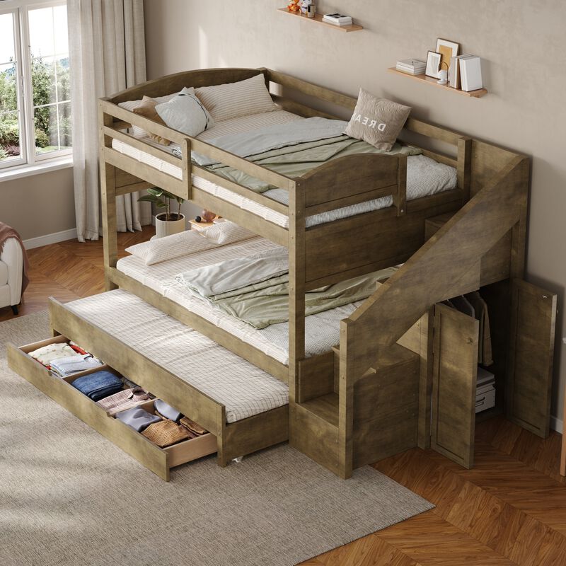 Merax Twin XL White Bunk Bed with Trundle, Storage Staircase, Drawers & Wardrobe image number 2