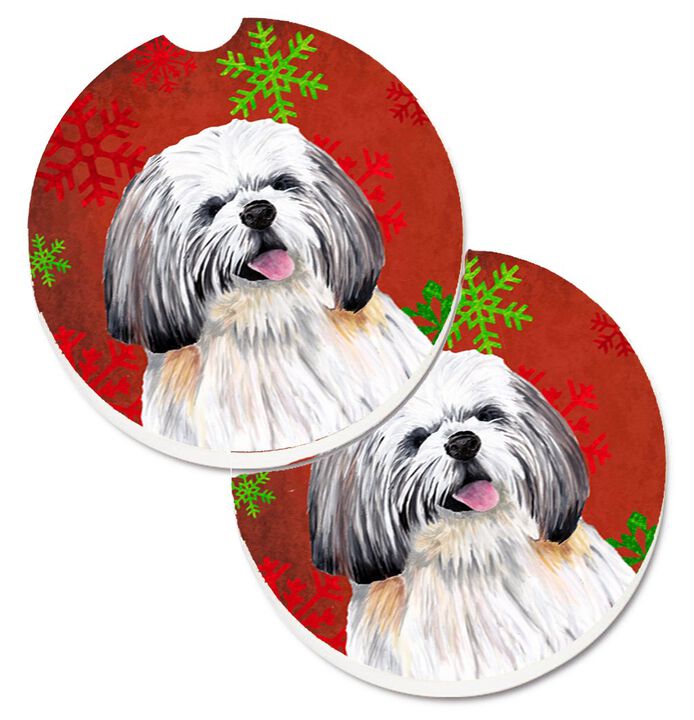 Caroline's Treasures Shih Tzu Red & green Snowflakes Holiday Christmas Set of 2 Cup Holder Car Coasters SC9423CARC, 2.56, Multicolor