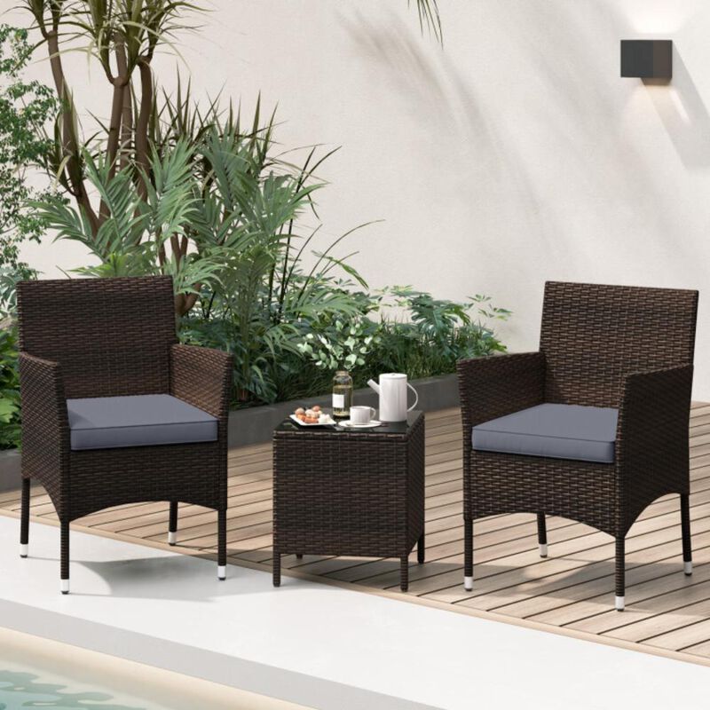 Hivvago 3 Pieces Outdoor Conversation Set with Cushioned Seat and Glass Tabletop