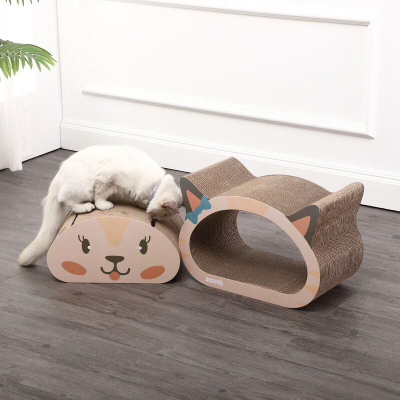 Opal Modern Cardboard Happy Cat Head 2-in-1 Cat Cave Scratcher with Built-In Bell Toys and Catnip