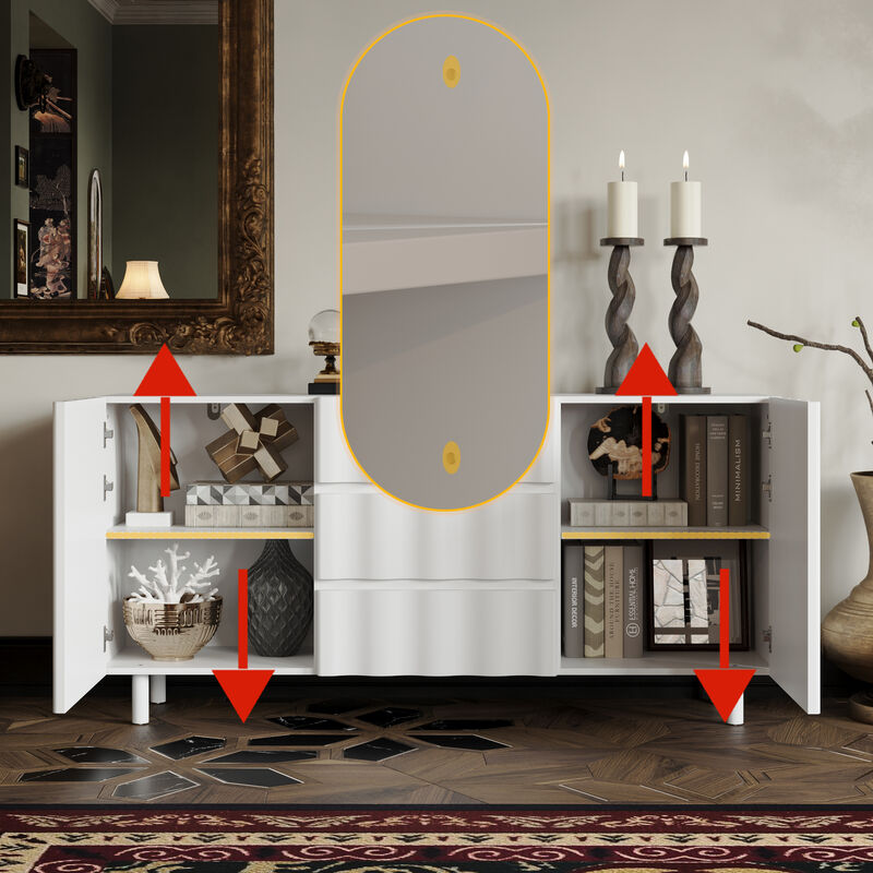 FUFU&GAGA Pure White Storage Cabinet with Doors and Drawers, Handleless Design, Vertical Wave Texture, Painted Craftsmanship, Ultra-Thick Shaped Fronts, (61 in. W x 15.8 in. D x 29.5 in. H), White