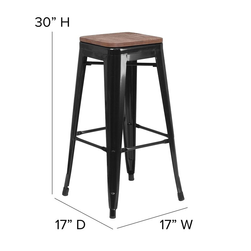Flash Furniture Lily 30" High Backless Black Metal Barstool with Square Wood Seat