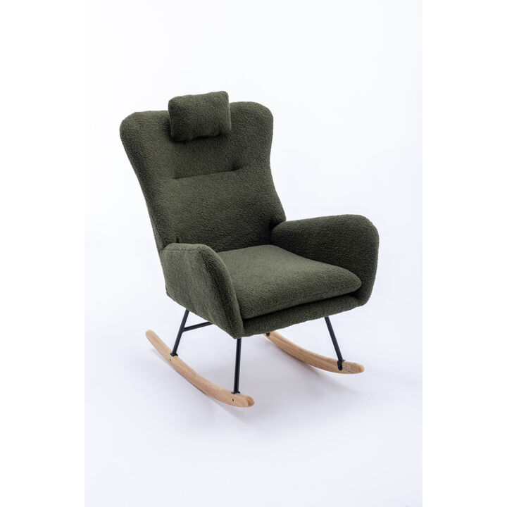 35.5 inch Rocking Chair, Soft Teddy Velvet Fabric Rocking Chair for Nursery, Comfy Wingback Glider Rocker with Safe Solid Wood Base for Living Room Bedroom Balcony (dark green)