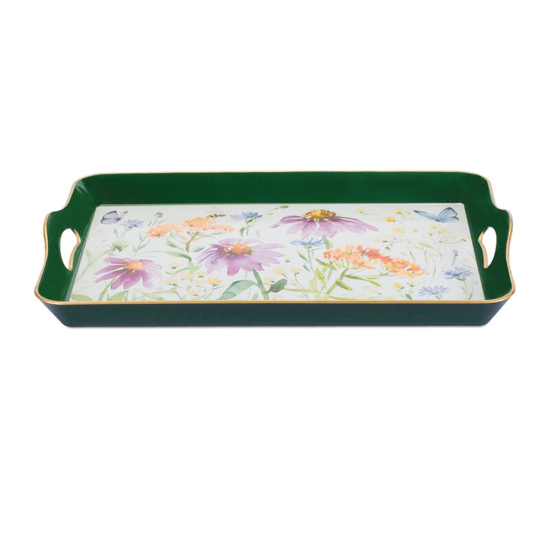 HomeRoots 17" Green And White Watercolor Floral Serving Tray With Handles image number 3
